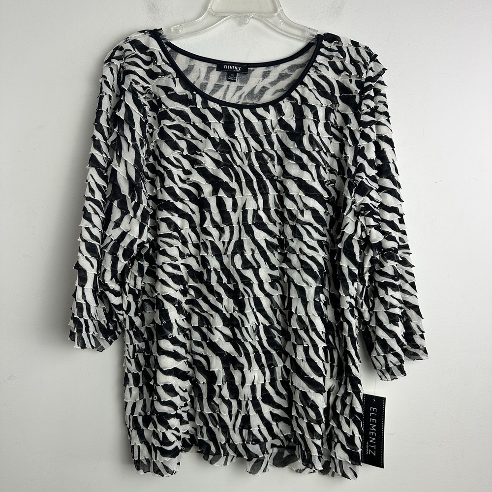 Elementz Blouse Top Womens Plus Size 3X 3/4 Sleeve Zebra Black White Ruffles NWT